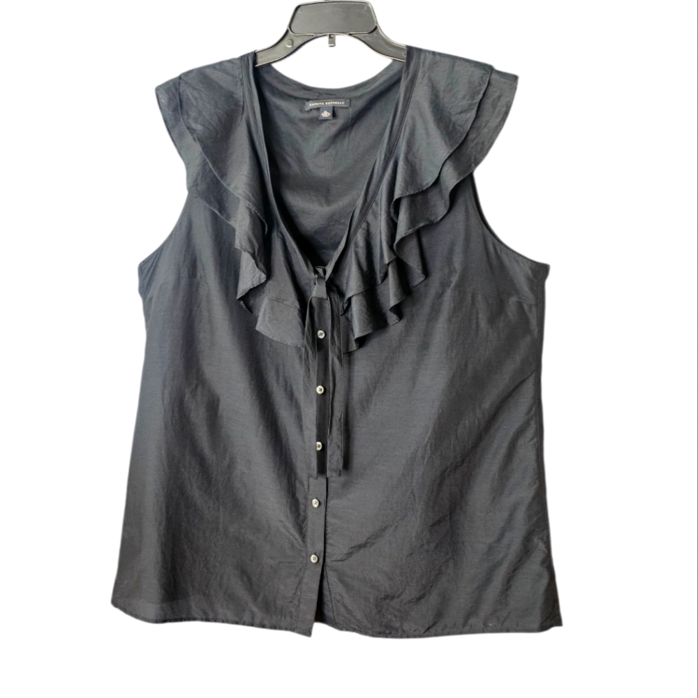 Banana Republic Silk Cotton Sleeveless Ruffle Bow Button Black Romantic Top XL